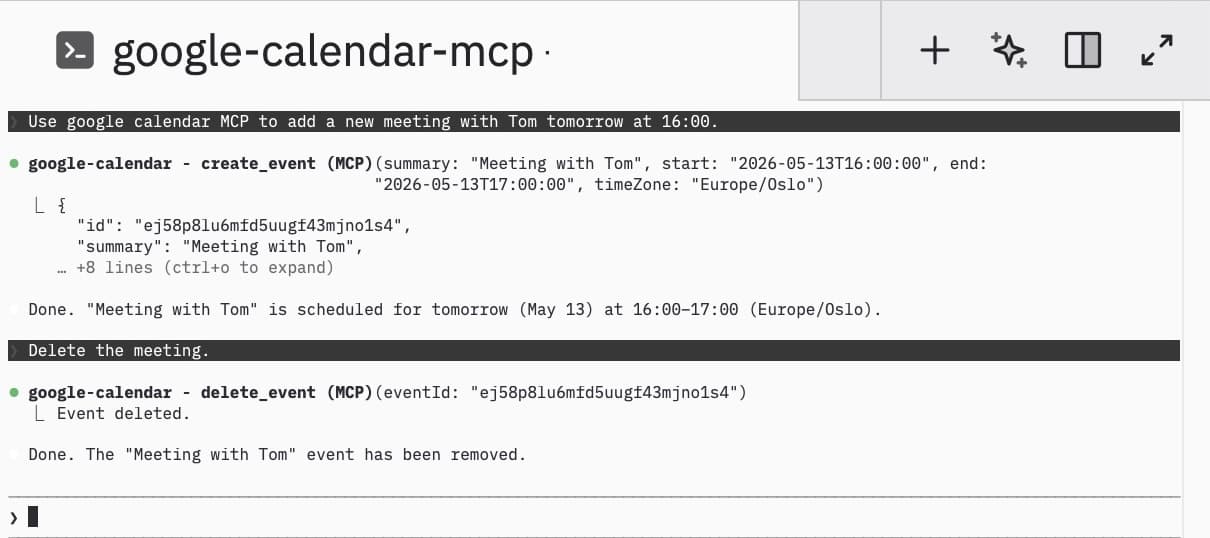 Create and delete a calendar event in Claude Code
